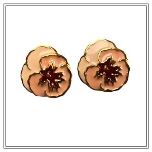 Gold Tone Enamel Flower‎ Stud Earrings Pink Peach Pansy Motif Women